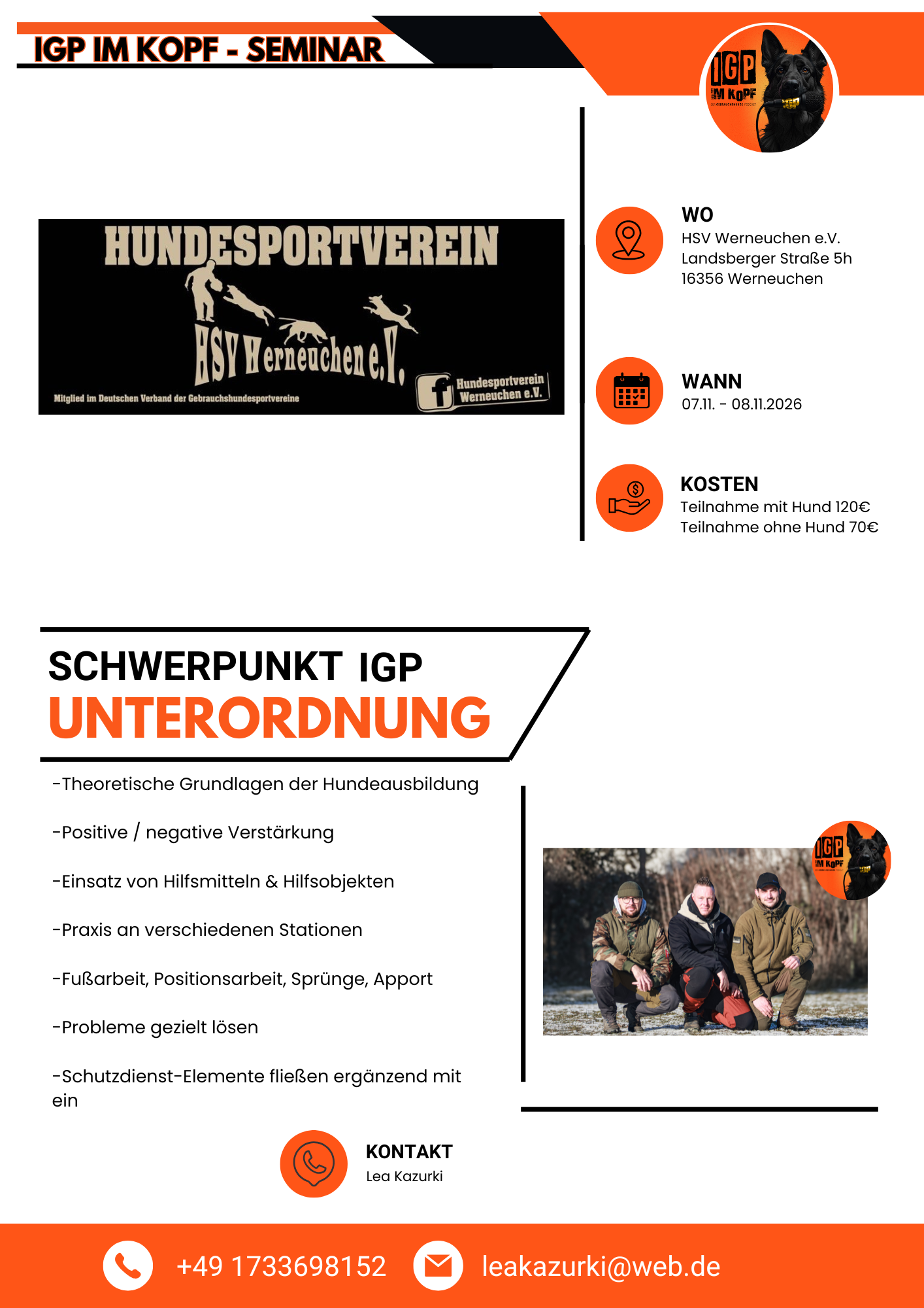 Unterordnungs-Seminar 2026 mit Dominic Götz, Patrick und Andrej in Rüdersdorf – praxisorientiertes Hundesporttraining für Unterordnung und IGP