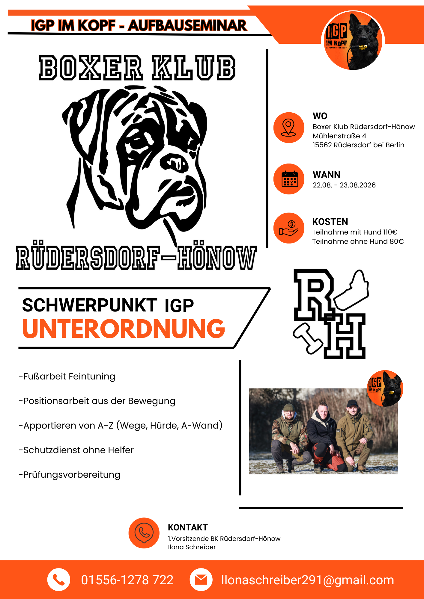 Unterordnungs-Seminar 2026 mit Dominic Götz, Patrick und Andrej in Rüdersdorf – praxisorientiertes Hundesporttraining für Unterordnung und IGP