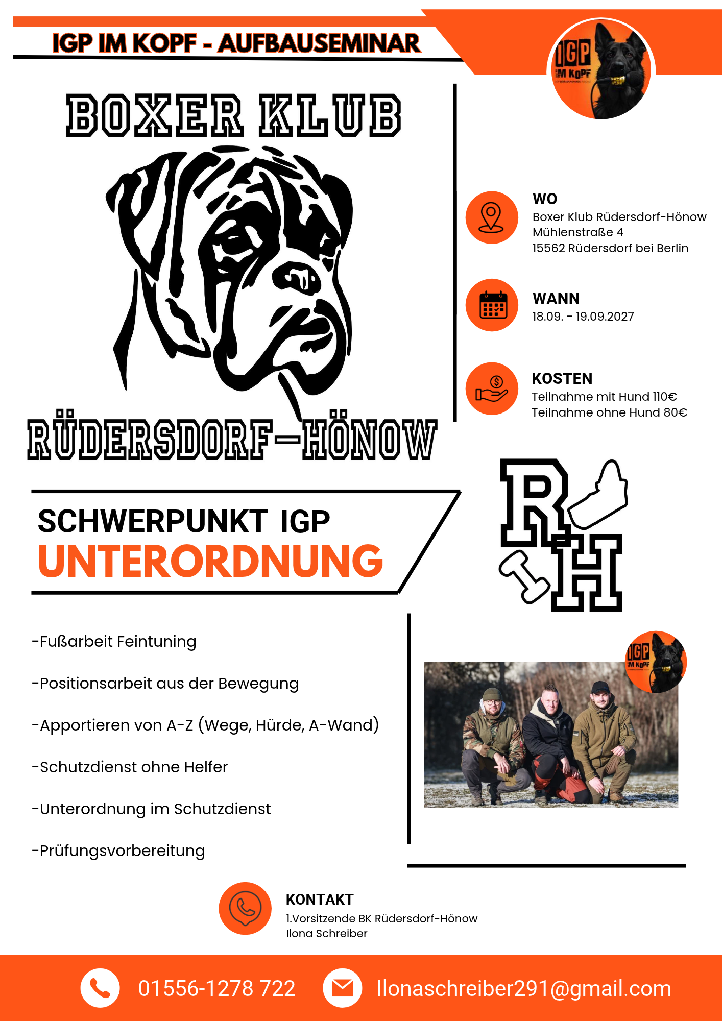 Unterordnungs-Seminar 2027 mit Dominic Götz, Patrick und Andrej in Rüdersdorf – praxisorientiertes Hundesporttraining für Unterordnung und IGP