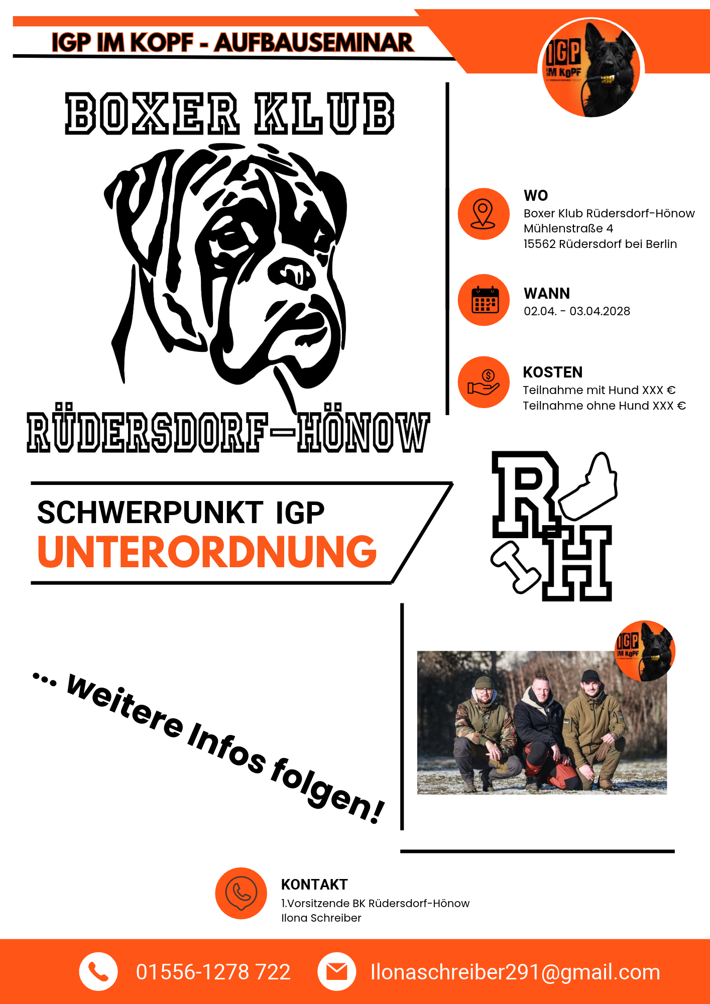 Unterordnungs-Seminar 2028 mit Dominic Götz, Patrick und Andrej in Rüdersdorf – praxisorientiertes Hundesporttraining für Unterordnung und IGP